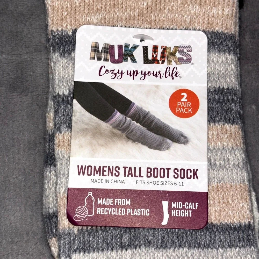 Muk Luks Cozy Up Your Mid Calf Tall Boot Socks Women OS (6-11) Beige 2 Pair Pack